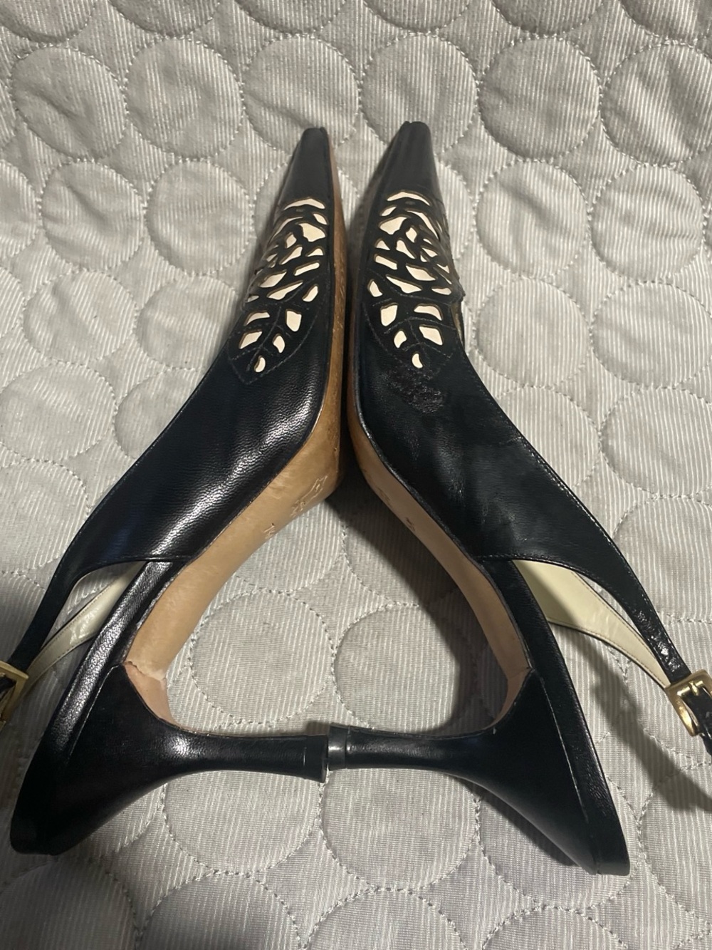 ANTONIO MELANI Black Pointed Leather Slingback Pumps with Cutout Floral Detail - Picture 6 of 8